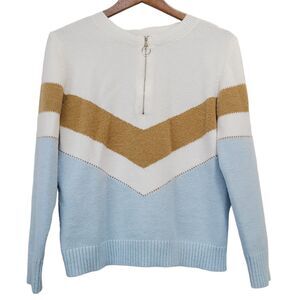 Womens Size Medium Blue Tan Cream Chevron Colorblock Half Zip Sweater